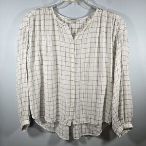 Madewell XS Oversized White Button Up Shirt Black Grid‎ Pattern Full Sleeve Top